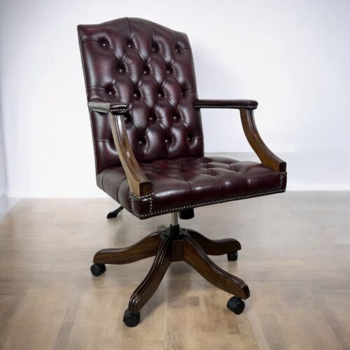 Cadeira de escritório giratória em estilo antigo, em pele bordeaux chesterfield